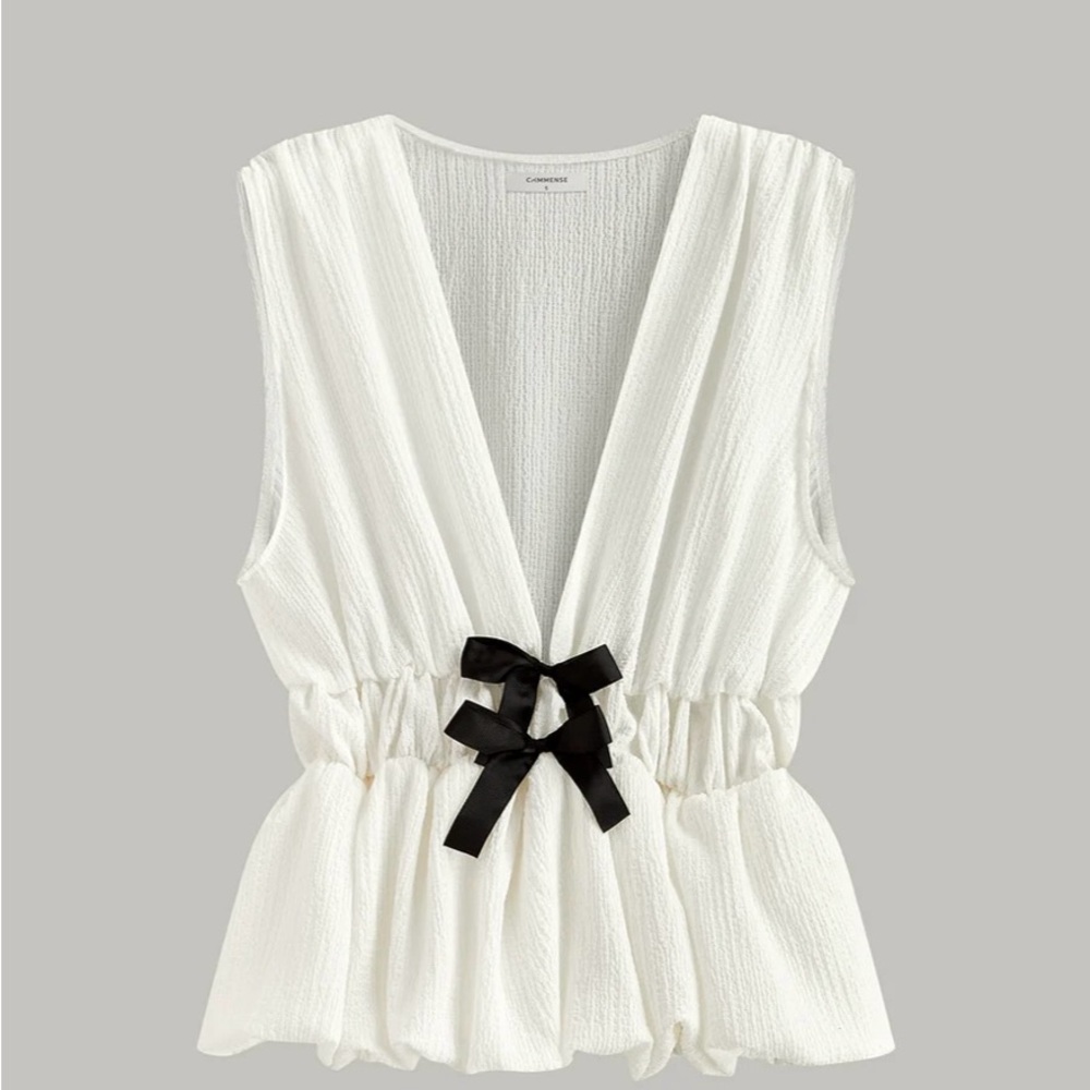 Commense White Blouse with Black Ribbon NEW WITH TAGS